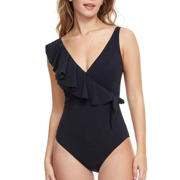 PROFILE BY GOTTEX Tutti Frutti Swimsuit Size 12 Black NWT Ruffle Shoulder V-Neck - Picture 1 of 16